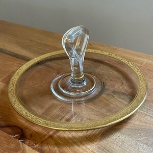 Vintage MORGANTOWN Glass 9.5" Tray Center Handle Gold Leaf Mid Century Serving